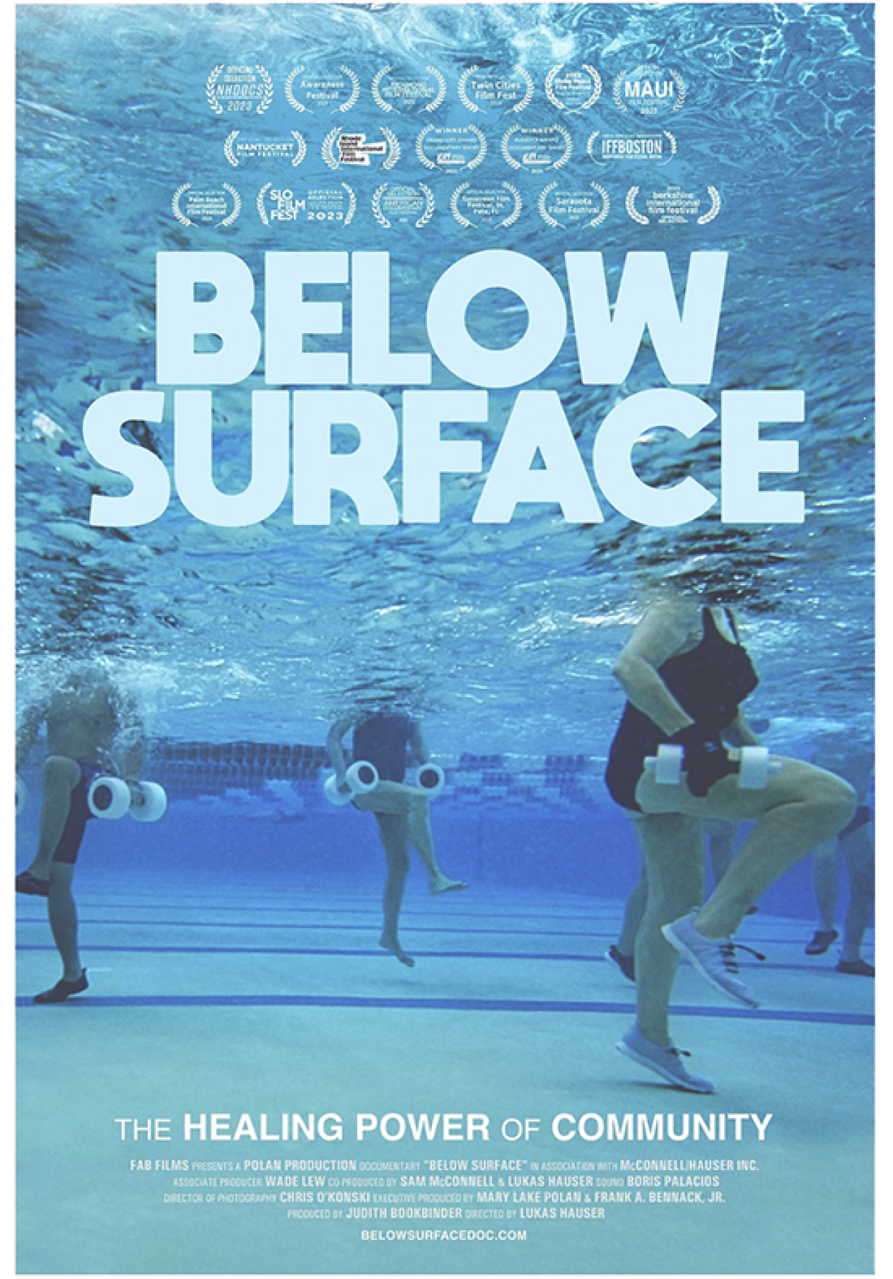 Movie poster with text Below Poster and underwater image of people doing water aerobics