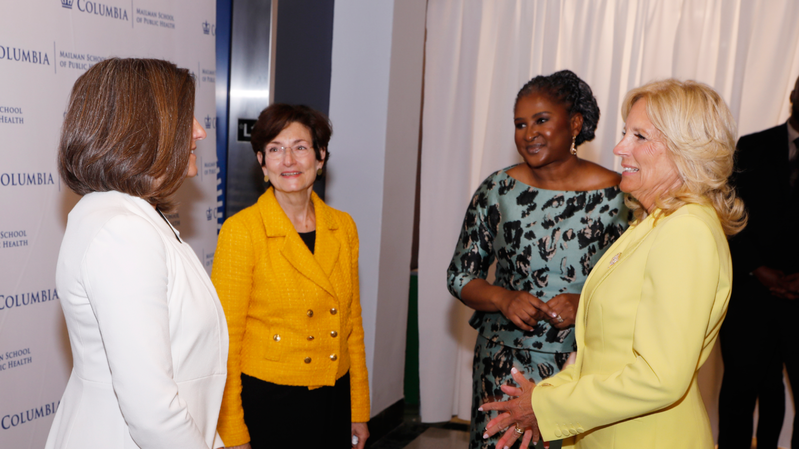 U.S. First Lady Dr. Jill Biden Speaks with Cora Neumann, Dean Linda P. Fried, and Her Excellency Her Excellency Mrs. Monica Geingos