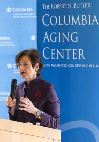 Dean Linda P. Fried speaks at a podium