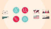 Collage with icons of microbes, charts, graphs and a world map