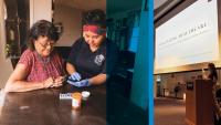 A medical health professional helps a senior indigenous Navajo woman with her medications alongside an image of a woman speaking at a podium