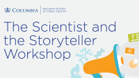 SHARP The Scientist and the Storyteller Workshop graphic with a microscope and DNA sequence going into a megaphone and coming out as videos, graphs and presentations