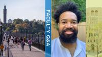 Photo of John Pamplin with the words "Faculty Q&A" and photo of the Columbia Mailman building and High Bridge