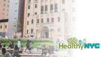The Allan Rosenfield Building alongside a HealthyNYC logo