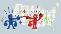 Red and blue cartoon figures argue in front of a map with an old-fashioned medical chart trending downward