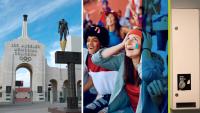 Photo collage of LA Olympics venue, enthusiastic young women fans, tampon vending machine