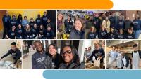 Collage of photos of people doing food service work and posing for photos