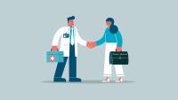 Illustration shows a doctor shaking hands with a public health practitioner