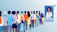 An illustration shows a line of people waiting to speak to a doctor on a cell phone