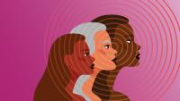 An illustration of three women of varying skin tones in profile with a ripple effect and a fuchsia background