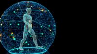 Illustration of a walking human figure surrounded by a sphere and blue dots