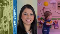 A collage with a photo of a woman, a young child playing, a building facade and text reading "Faculty Q&A"