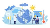 Illustration shows a man in a white coat with a clipboard and a woman at a desk with a computer along with various icons representing the climate: thermometer, sun, storms, globe, etc.