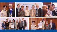 A collage of photos of Calderone awardees, Dean Linda P. Fried, attendees, and the Calderone family