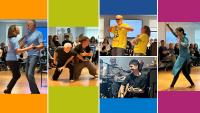 A collage of photos of men and women dancing and a man playing acoustic guitar on a multicolor background