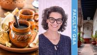 A collage of photos of traditional pottery, a headshot of smiling woman wearing glasses and text reading "Faculty Q&A"