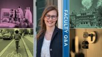 Collage of photos: smiling woman, NY capitol building, lock and key with house icon, cyclist on bike path, grocery items, with text reading Faculty Q&A