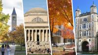 A collage of photos of buildings from four college campuses: Michigan, Columbia, Cornell, University of Maryland Baltimore County