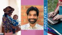 Photo montage: A smiling bearded man at center next to text reading Faculty Q&A bookended by a mother and child and feminine hands at a laptop keyboard