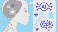 graphic of a robot with a thought bubble about the science of health and AI