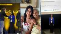 A montage of three photos: image of a young woman and and older woman bookended by two event images of a young woman on stage winning an award