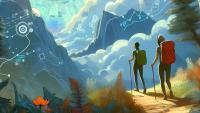illustration of people hiking in data augmented mountains