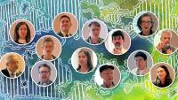 Collage of faces in circles with a map-like design background in blue and green