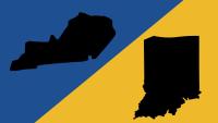 The silhouette of the state of Kentucky appears on a blue background and the silhouette of the state of Indiana appears on a gold background