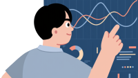 A cartoon of a person analyzing data graphs