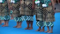 A group of New Zealand Maori folk dancers performing in an outdoor festival.