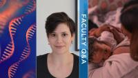 A montage of images: headshot photo of a woman, illustration of RNA, photo of a mother breastfeeding a baby