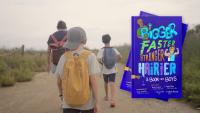 Photo of three boys of different sizes walking on a sandy path alongside an image of two purple puberty books