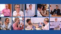 A montage of photos from a recent Health Systems Simulation. Faculty and participants interact.