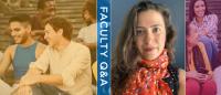 Collage of people talking, woman's headshot and text that reads "Faculty Q&A"