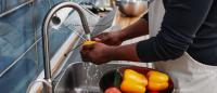 Washing vegetables at a sink