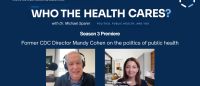 A title card for the season 3 premiere episode of Who the Health Cares? It includes photos of Michael Sparer and Mandy Cohen.