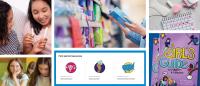 Collage of images: girls in classroom, girls with tampons, store shelves, web icons, Girl's Guide book, and period products