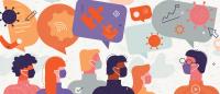 Illustration of people wearing masks with speech bubbles containing various icons, including the COVID virus, puzzle pieces, and more
