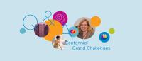 Colorful circles on a blue background with a photo of Mary Beth Terry and text reading Q&A Centennial Grand Challenges