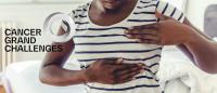 A Black woman puts her hands on her torso. A logo reads Cancer Grand Challenges