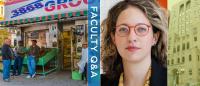 A collage of images (men outside a bodega, a woman with glasses, a building) and the text, Faculty Q&A