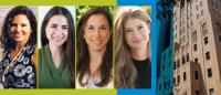 Headshots of four women juxtaposed with the facade of the Allan Rosenfield building