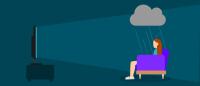 Illustration shows a woman sitting in front of a TV with a raincloud over her head