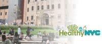 The Allan Rosenfield Building alongside a HealthyNYC logo
