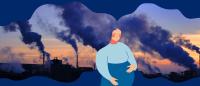 Illustration of a pregnant woman and a backdrop of polluting powerplants