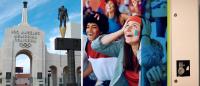 Photo collage of LA Olympics venue, enthusiastic young women fans, tampon vending machine
