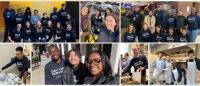 Collage of photos of people doing food service work and posing for photos