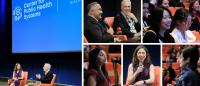 A collage of photos from an event with individuals speaking and reacting. One large photo shows a logo on a screen, reading, Center for Public Health Systems