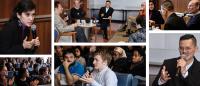 Collage of six photos of event speakers and audience members