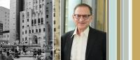 Photo of Ian Lipkin (glasses, suit jacket) with an image of the Columbia Mailman Allan Rosenfield Building and a pattern of vertical lines